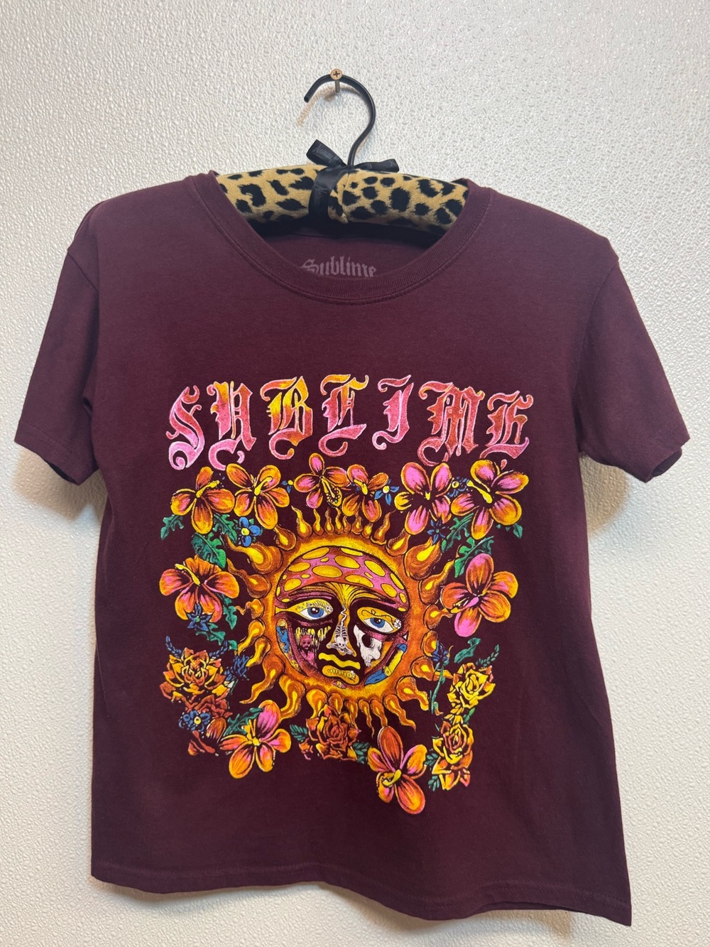 Sublime Women's Burgundy Graphic Tee - Sun Face Floral Design (E-5)